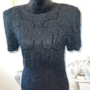Night Vogue beaded‎ black long dress gown 100% silk vintage Sz M